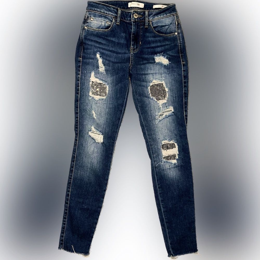 GUESS 25 Sexy Curve Skinny Mid-Rise Jeans Rhinestone embellished patches